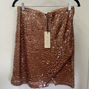 RACHEL ZOE ALL OVER SEQUINS FAUX WRAP MINI SKIRT STRETCH Rose Gold